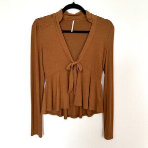 Free People Brown Long Sleeve Tie Top, Size XS